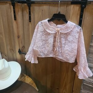 Vintage Delicate Lace Tie-Neck Crop Top - Pink